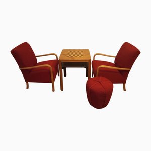 Schachbrett-Tisch mit Sesseln & Tabouret von Jindřich Halabala, 1930, 4er Set