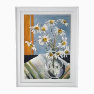 Suzie Bishop, Still Life of Daisies, Oil on Board, Framed