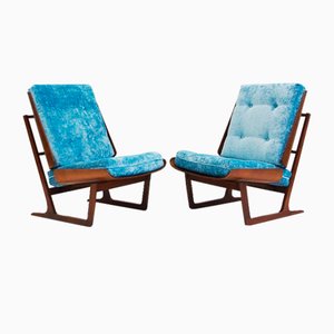 Wooden Lounge Chairs with Molded Plywood Backrest and Blue Upholstery, Set of 2