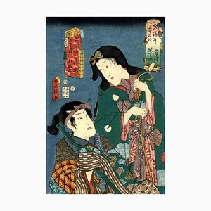 Utagawa Kunisada, retrato de dos actores, grabado en madera, 1857