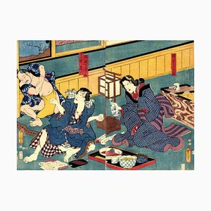 Utagawa Kunisada (Toyokuni III), drama romántico, grabado en madera, década de 1850