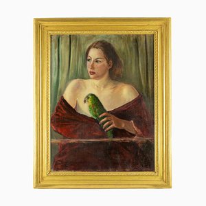 Antonio Feltrinelli, Woman with Parrot, Oil on Canvas, 1930s, Framed