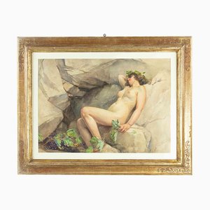 Giuseppe Lallich, Naked Woman on the Rocks, Watercolor, Early 20th Century, Framed