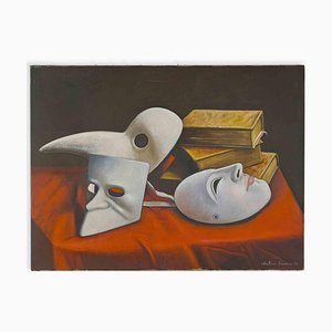 Antonio Sciacca, Stillleben mit Maske und Büchern, Öl auf Leinwand, 1996