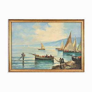 Desconocido, Barcos en el golfo de Nápoles, Pintura al óleo, Mediados del siglo XX