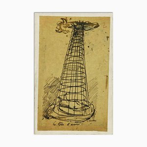 Luigi Bartolini, La Torre D'Avorio, China Ink Drawing, 1940s