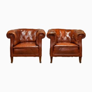 1940s Swedish Tufted Club Chairs Chesterfield Model Tan Brown Worn Leather, Set of 2