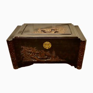 Art Deco Oriental Carved Camphor Wood Chest, 1920s