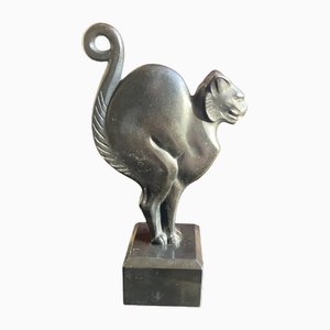 Lucien Alliot, Sculpture Art Déco d'un Chat, 1925, Bronze sur un Socle en Marbre Noir