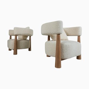 Set of Italian Armchairs in Wood and White Boucle