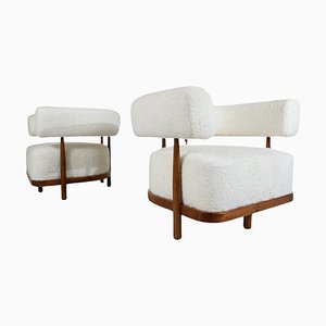 Italian Armchairs in Wood and White Boucle Fabric, Set of 2
