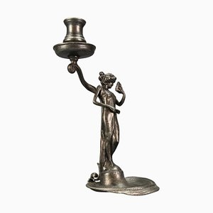 French Art Nouveau Pewter Candlestick with Lady Sculpture, 1920s