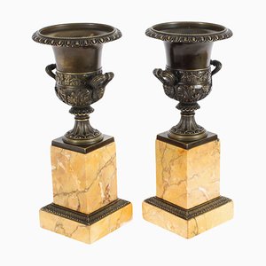 Antique Bronze and Siena Marble Campana Urns, 1800s, Set of 2