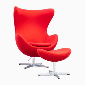 Egg Chair with Pouf by Arne Jacobsen for Fritz Hansen, 1980s, Set of 2