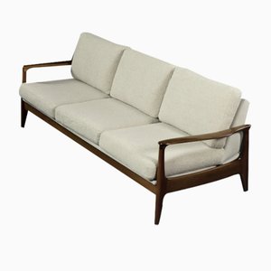 Mid-Century German Modern Three-Seater Sofa in Teak and Boucle White by Eugen Schmidt for Soloform, 1960s