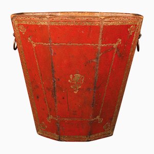 Antique English Paper Bin in Leather and Brass