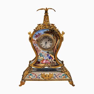 Viennese Gilt Silver & Enamel Table Clock with Gallant Scenes Painting, 1880s