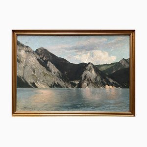 Adolf Kaufmann, Paysage avec Lac de Montagne, 1907, Peinture à l'Huile sur Toile, Encadrée