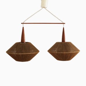 Lampe à Suspension Double Moderne en Teck et Sisal de Temde, Danemark, 1960s