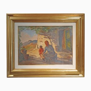 Carlo Domenici, Rural Scene with Woman and Child, 20th Century, Painting, Framed