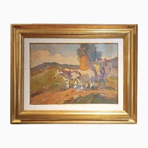 Carlo Domenici, Rural Scene with Oxen and Plow, 20th Century, Painting, Framed