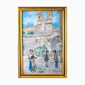 Ettore Ascenzi, The Spanish Steps, Rome, 19th Century, Watercolour, Framed