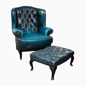 English Denim Blue Leather Chesterfield Wingback Chair with Footstool, Set of 2