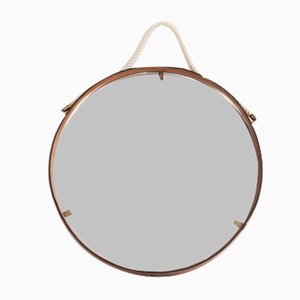 Leather Covered Round Wall Mirror with Brass Elements, Italy, 1960s