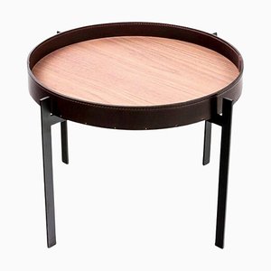 Mocca Leather and Walnut Wood Single Deck Table by OxDenmarq