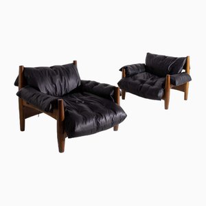 Black Leather Sheriff Armchairs by Sergio Rodrigues, 1960s, Set of 2