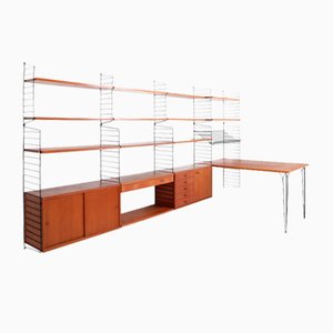 Large Mid-Century Modern Teak String Shelf with Dining Table by Nisse & Kajsa Strinning for String, Set of 27