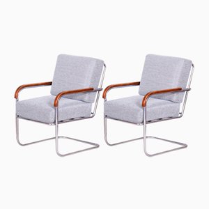 Set of Bauhaus Grey Tubular Armchairs Chrome-Plated Steel & New Upholstery attributed to Mücke Melder, Czech, 1930s