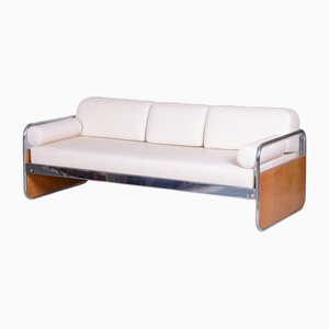 Bauhaus Tubular Sofa in Oak, Chrome-Plated Steel & High Quality Leather attributed to Hynek Gottwald, Czech, 1930s