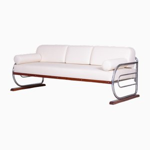 Bauhaus White Tubular Sofa in Beech, Chrome-Plated Steel & High Quality Leather attributed to Robert Slezák for Slezak Factories, Czech, 1930s