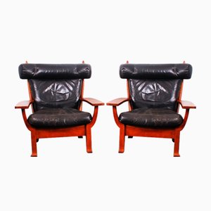 Fauteuils en Forme de Buffle en Cuir et Chêne, 1950s, Set de 2