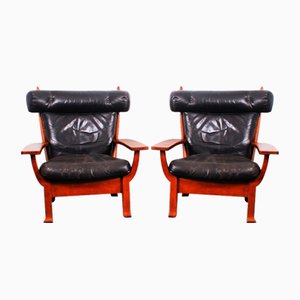 Leather and Oak Ox-Shape Armchairs, 1950s, Set of 2