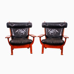 Set of Leather and Oak Ox-Shape Armchairs, 1950s