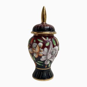 Vaso vintage in ceramica con coperchio e decorazioni floreali di Hubert Bequet, Belgio, anni '50