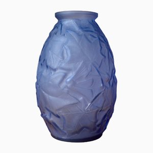 Large French Blue Vase with Maple Leaves, 1930