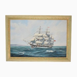 M Jeffries, Escena náutica con barco Opawa, óleo sobre lienzo grande, años 50