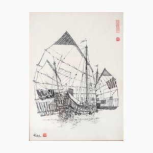 Artista japonés, Junk Rig, Principios del siglo XX, Dibujo con pluma y tinta