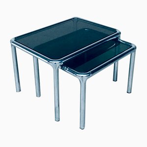 Mid-Century Modern Chrome & Smoked Glass Nesting Tables attributed to Etienne Fermigier, France, 1970s, Set of 2