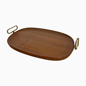 Large Teak Tray Plate Element with Brass Handle attributed to Carl Auböck, Austria, 1950s