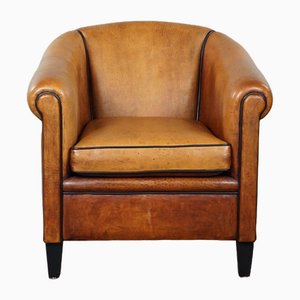 Light Leather Club Armchair with Black Pipping