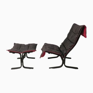 Mid-Century Patinated Black Leather Siesta Chair and Ottoman by Ingmar Relling, Set of 2