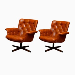 Set of Eva Swivel Chairs in Cognac Leather attributed to Göte Möbler Nässjö, Sweden, 1960s