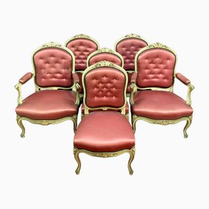 Fauteuil Louis XV Antique en Bois Laqué, Set de 6