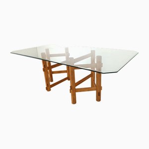 Glass Dining Table with Wooden Base, 1980s