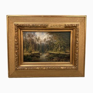 Cölestin Brügner, Miniature Park Bridge over Woodland Stream, 19th Century, Oil Painting, Framed