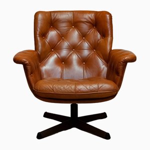 Cognac Leather Swivel Chair attributed to Göte Möbler Nässjö Sweden, 1960s